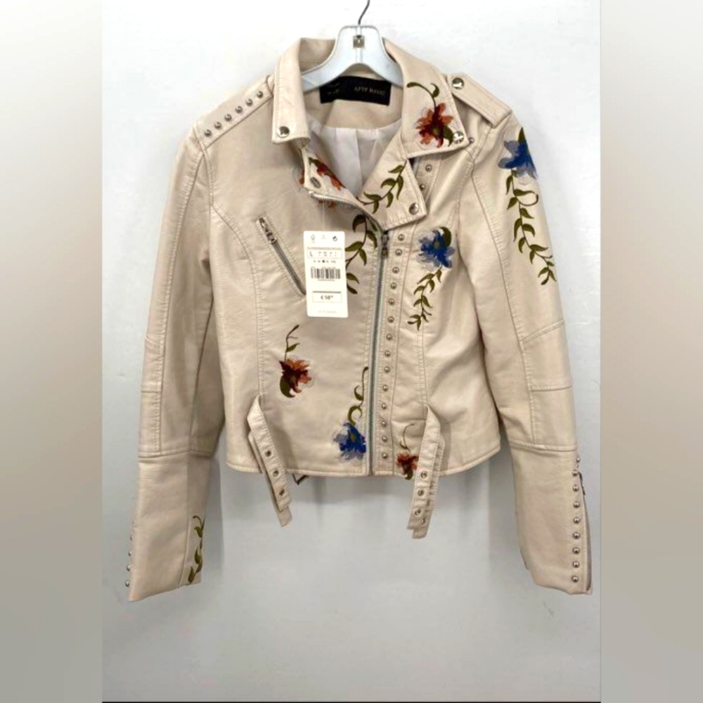 NEW AFTF Basic Designer Moto Cream Leather Floral Embroidered Jacket Coat L NWT